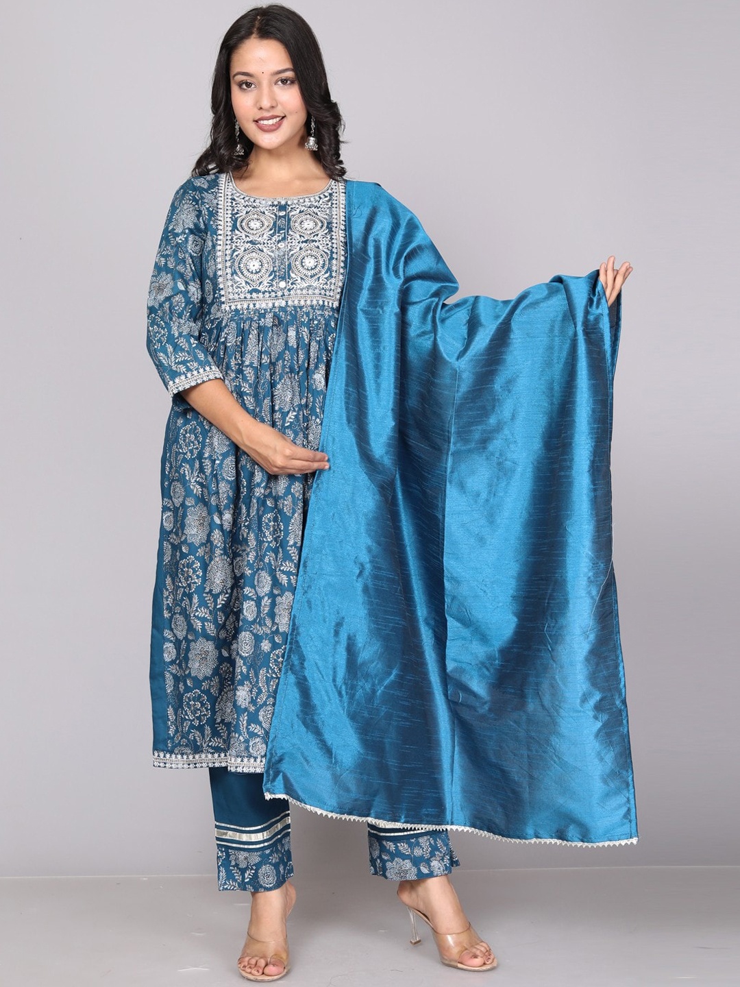 

Miramaar Floral Printed Thread Work Kurta With Trousers & Dupatta, Blue