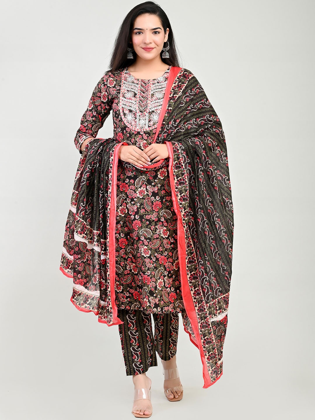 

Miramaar Floral Printed Pure Cotton Thread Work Kurta With Trousers & Dupatta, Black