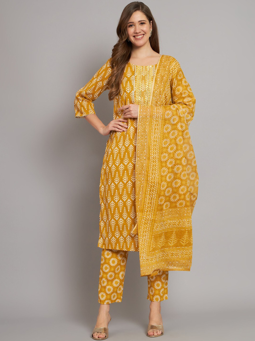 

Miramaar Ethnic Motif Printed Pure Cotton Straight Kurta & Trousers With Dupatta, Mustard