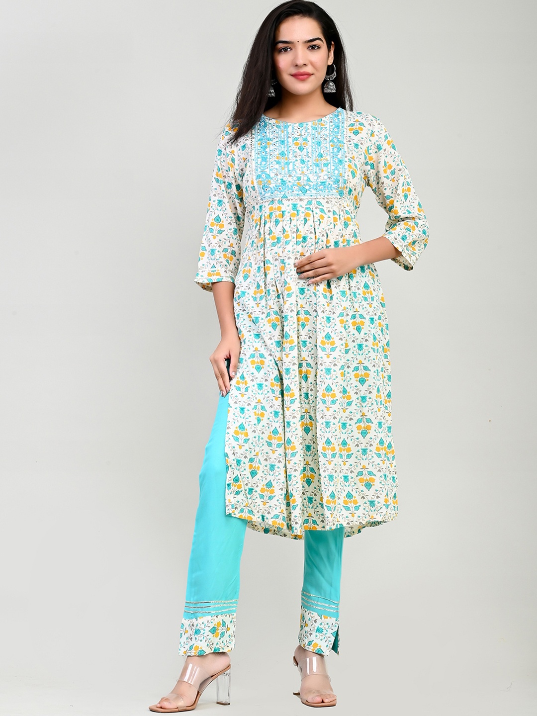 

Miramaar Floral Yoke Design Empire Gotta Patti Kurta with Trousers, Turquoise blue
