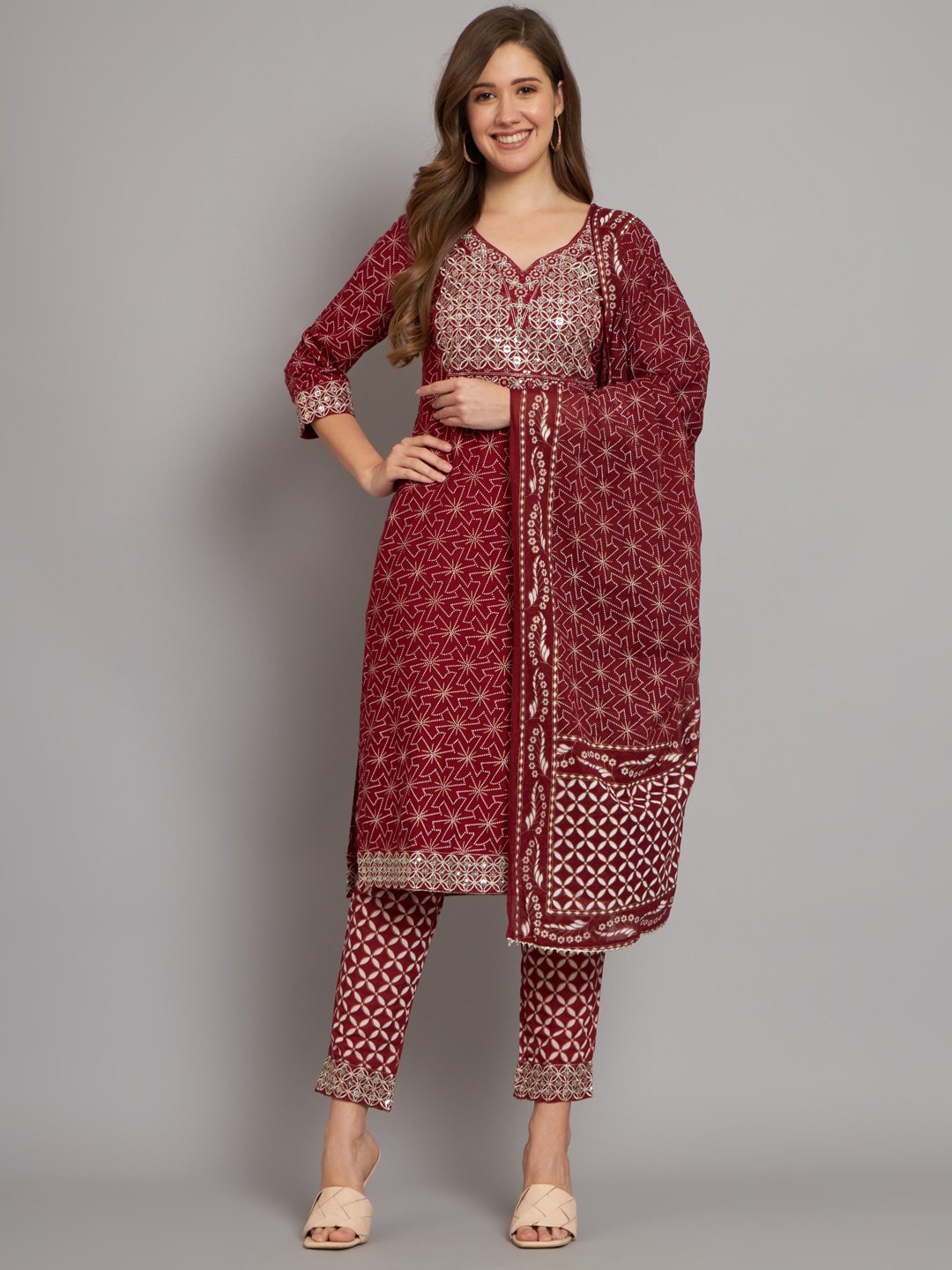 

Miramaar Ethnic Motifs Printed Thread Work Straight Kurta With Trousers & Dupatta, Maroon