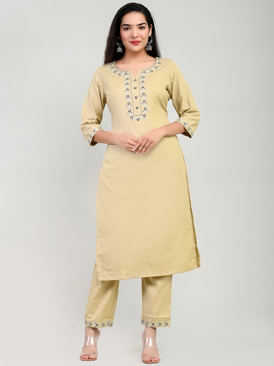 

Miramaar Floral Yoke Design Regular Thread Work Pure Cotton Kurta with Trousers, Beige