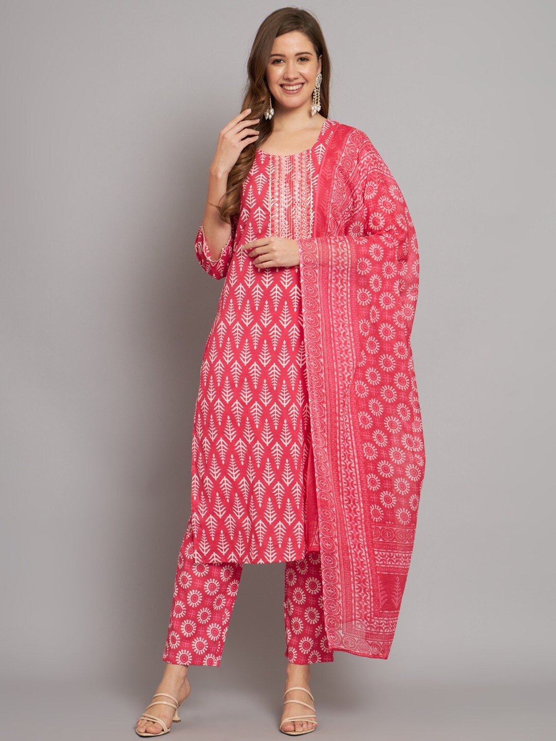 

Miramaar Ethnic Motif Printed Pure Cotton Straight Kurta & Trousers With Dupatta, Pink
