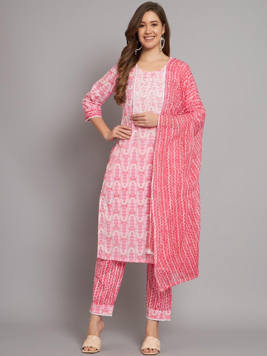

Miramaar Floral Printed Thread Work Pure Cotton Straight Kurta With Trousers & Dupatta, Pink