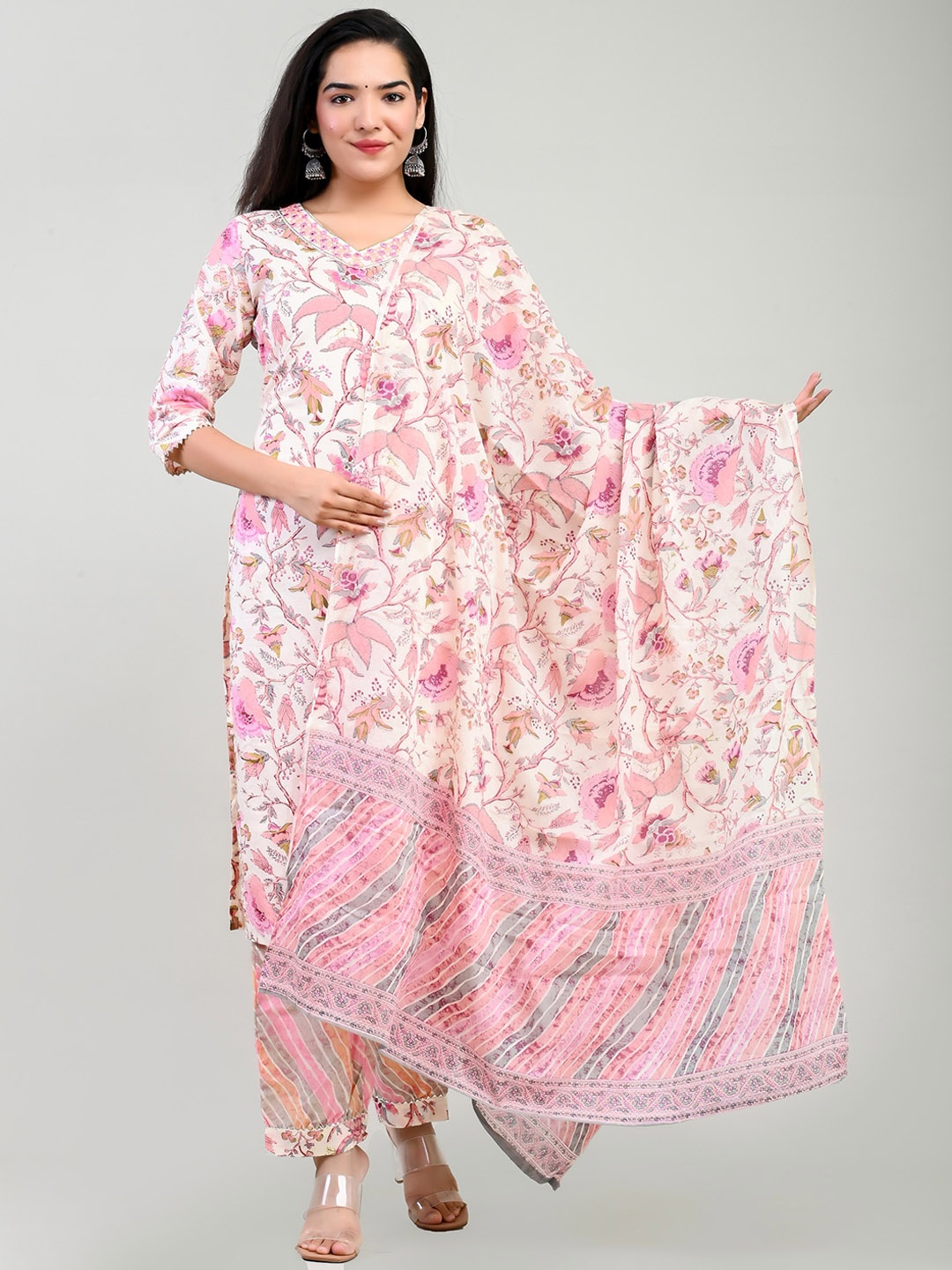 Miramaar Floral Printed Regular Pure Cotton Kurta with Salwar & Dupatta, White