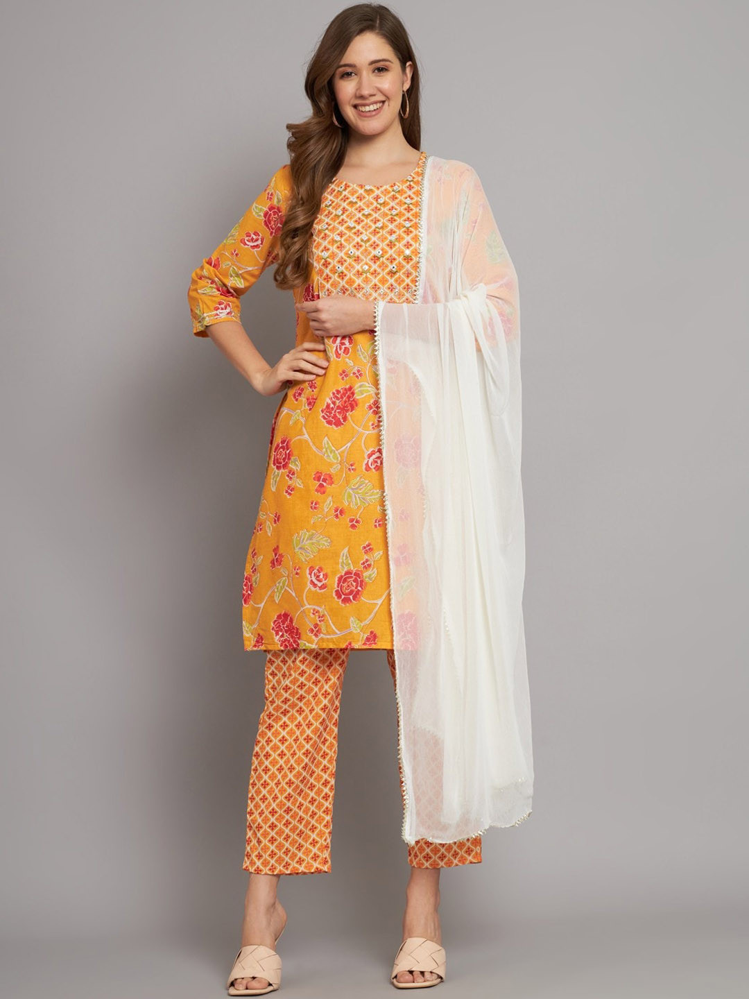 

Miramaar Floral Printed Regular Mirror Work Pure Cotton Kurta with Trousers & Dupatta, Mustard