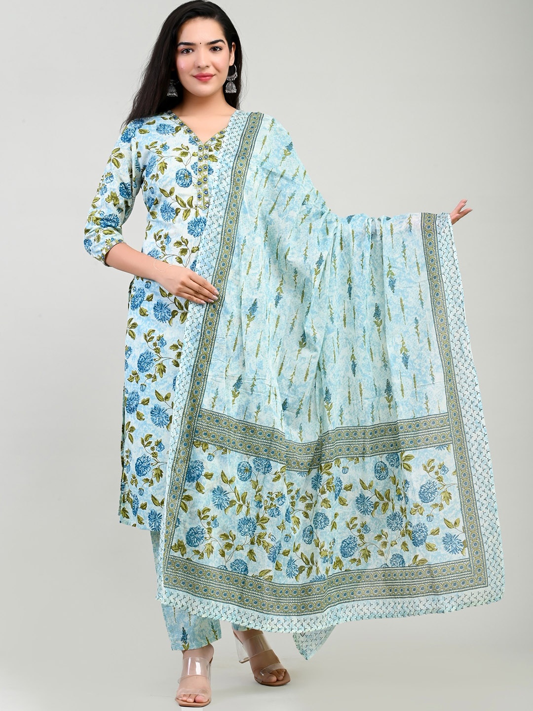 

Miramaar Floral Printed Mirror Work Pure Cotton Kurta With Trousers & Dupatta, Blue
