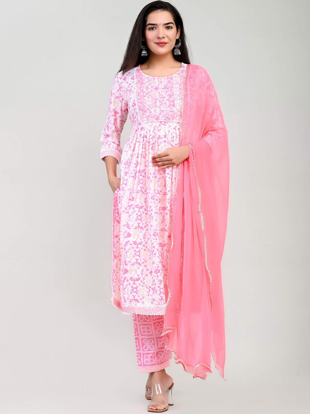 

Miramaar Floral Printed Empire Mirror Work Kurta With Trousers & Dupatta, Pink