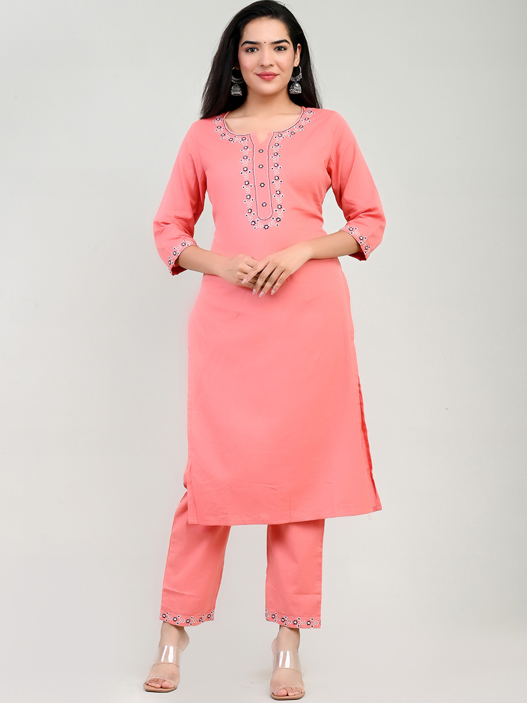 

Miramaar Floral Yoke Design Notched Neck Thread Work Pure Cotton Kurta With Trousers, Peach