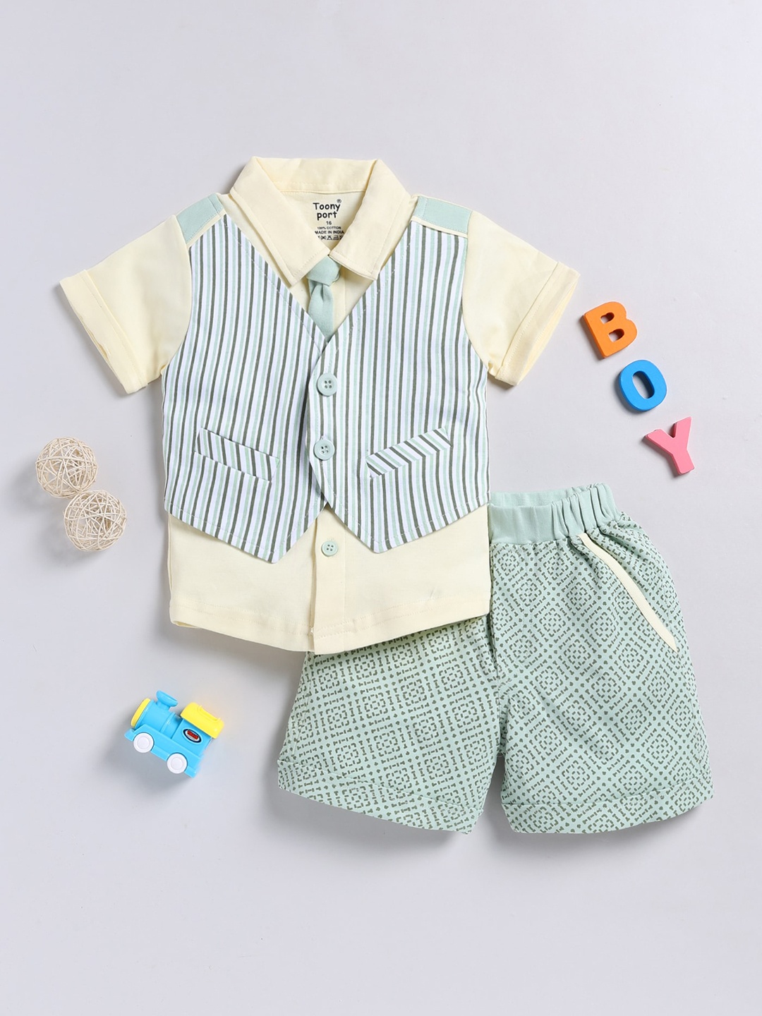 Toonyport Kids Striped Shirt Collar Pure Cotton Clothing Set, Yellow