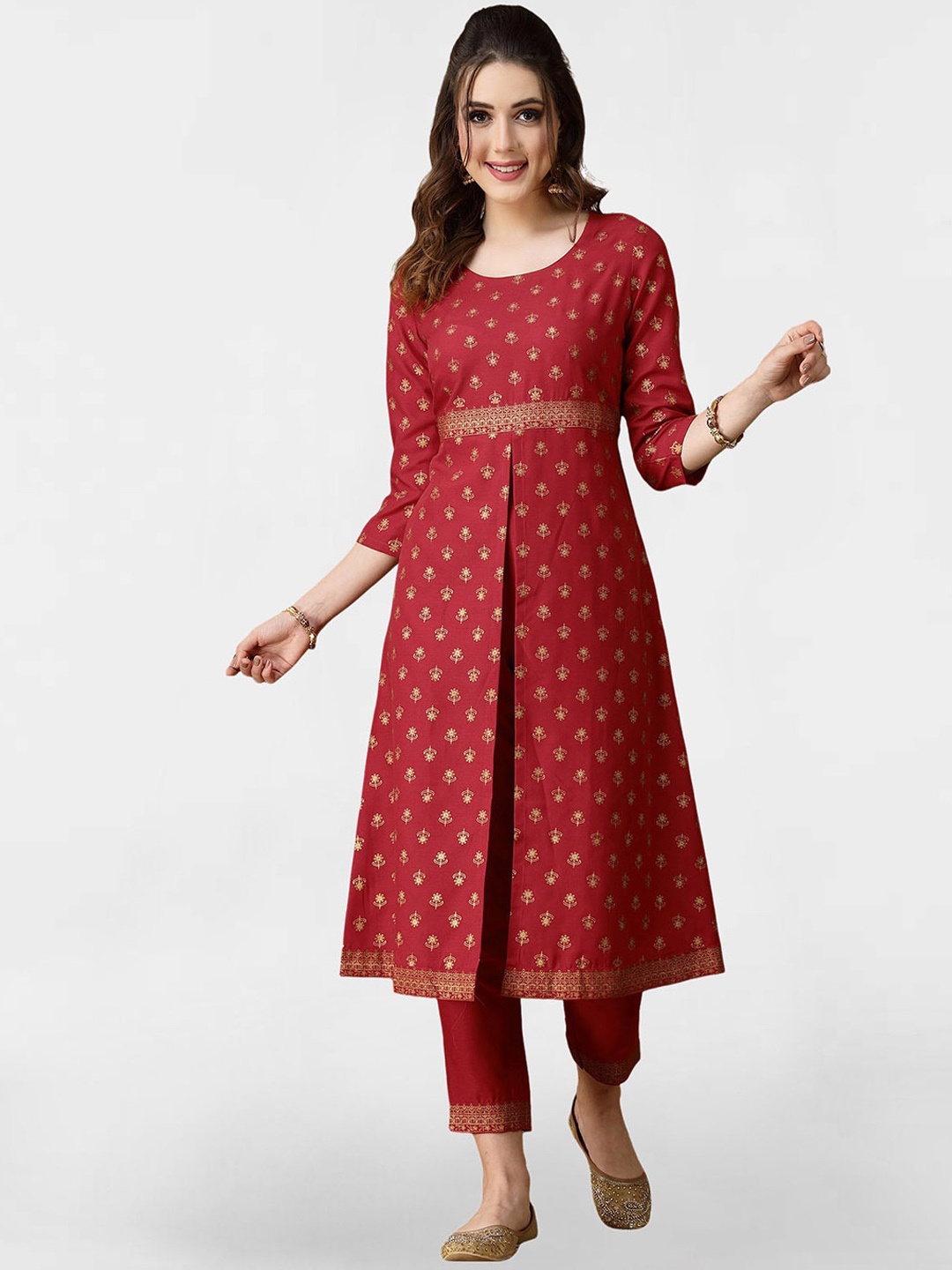 

KALINI Ethnic Motifs Foil Printed A-Line High Slit Kurta with Trousers, Red