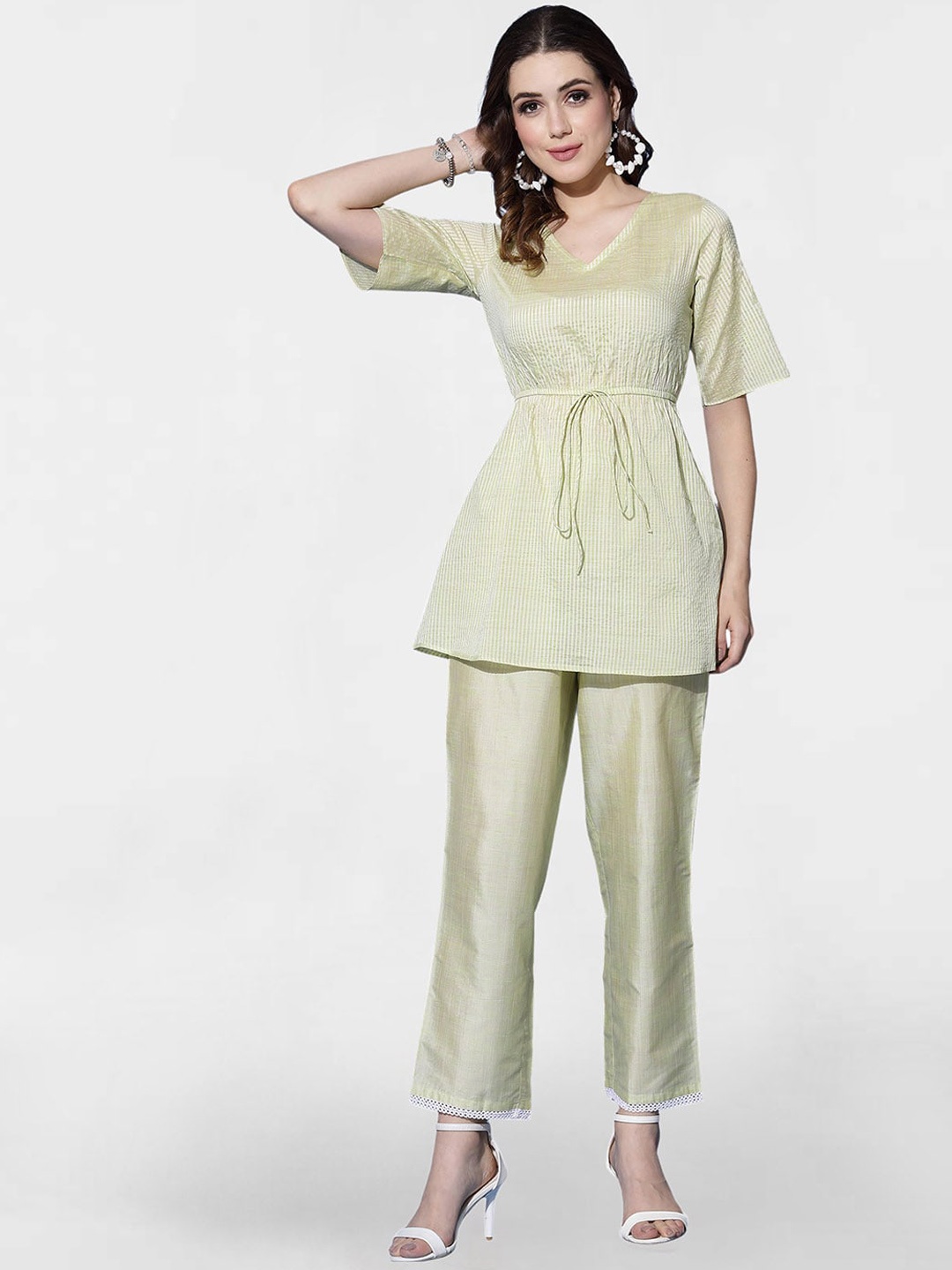 

KALINI Striped V-Neck Pastels A-Line Kurti with Trousers, Lime green