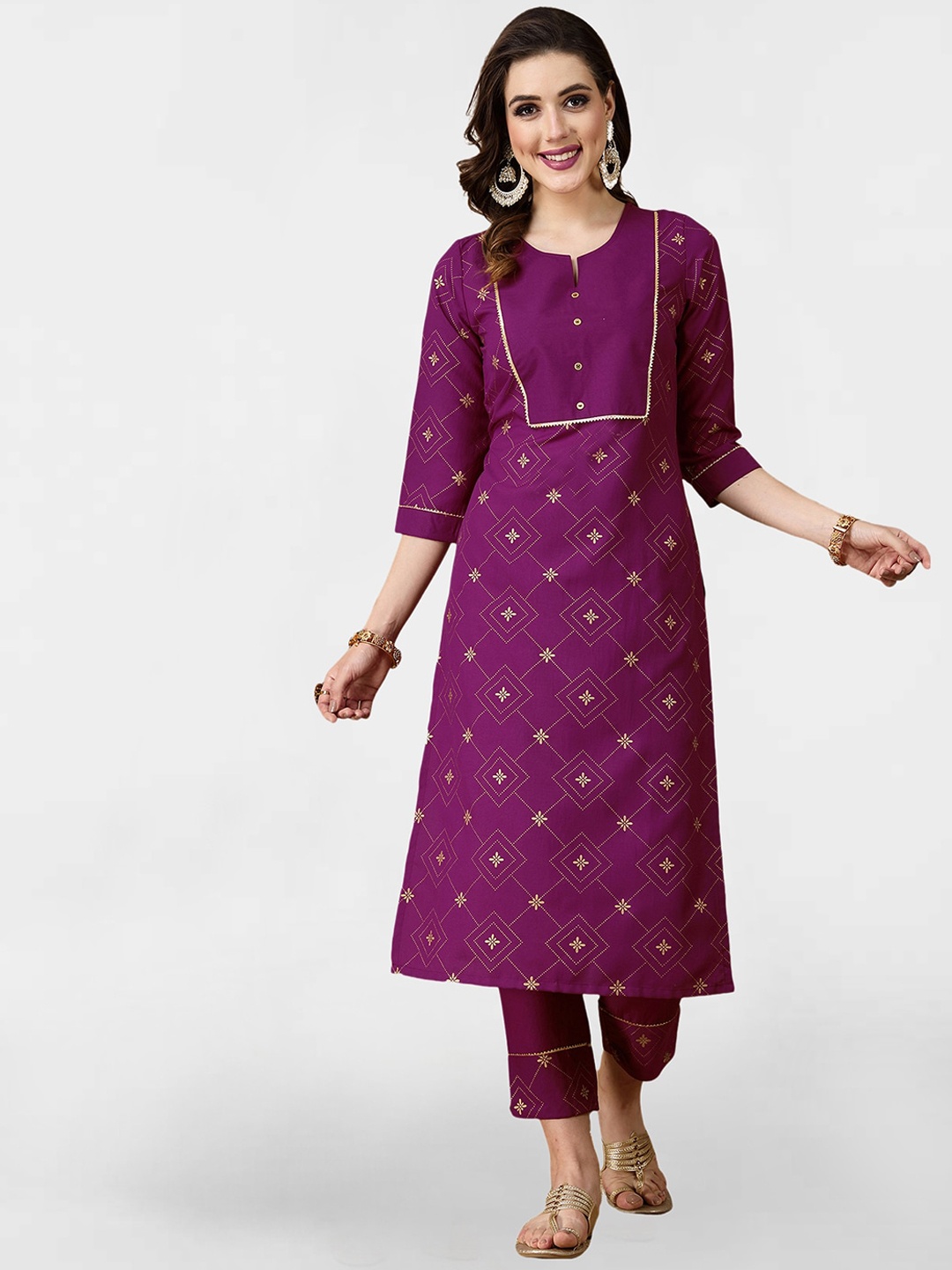 

KALINI Ethnic Motifs Printed Gotta Patti Kurta with Trousers, Purple