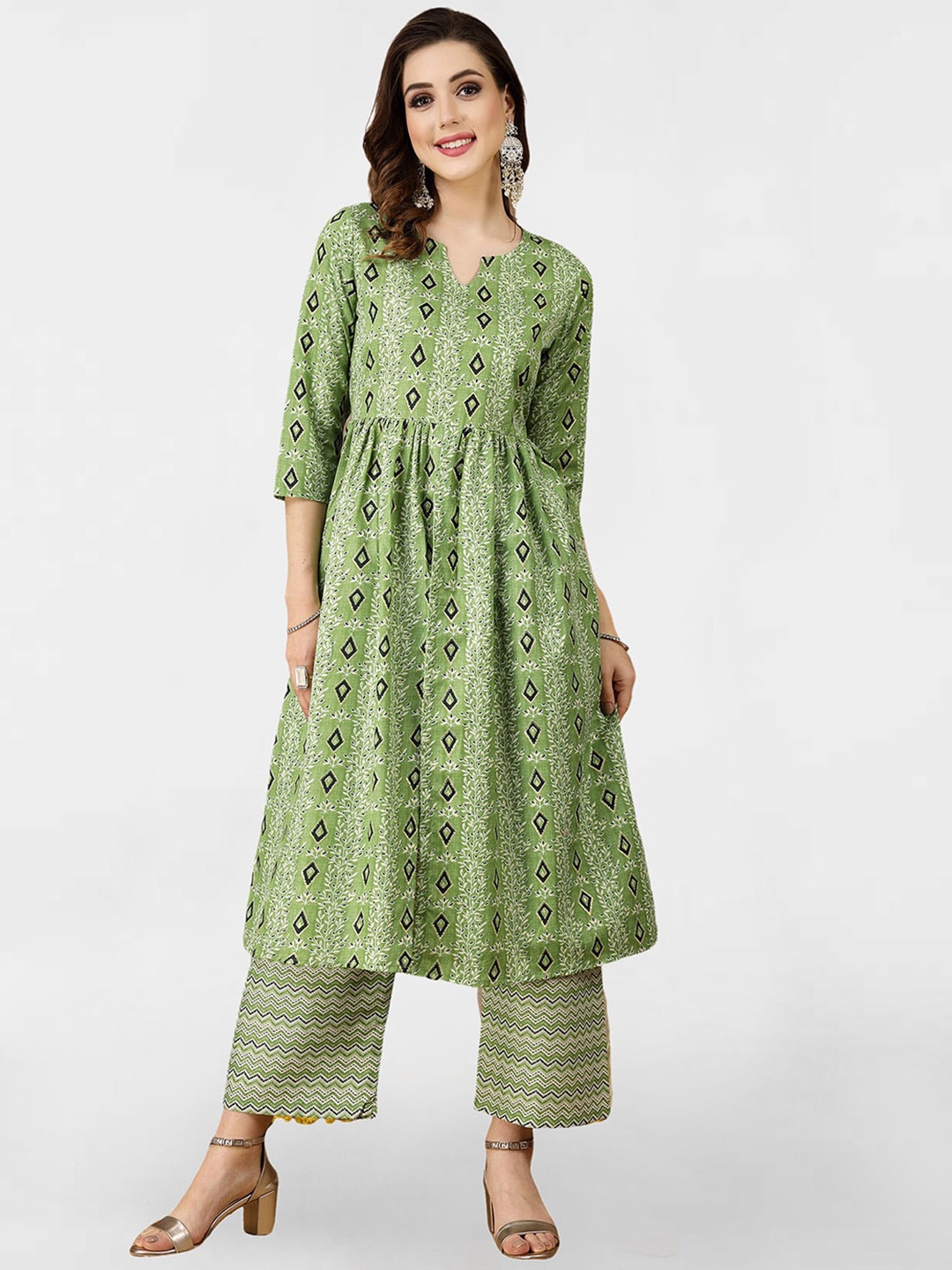 

KALINI Ethnic Motifs Printed Pleated Kurta with Trousers, Green