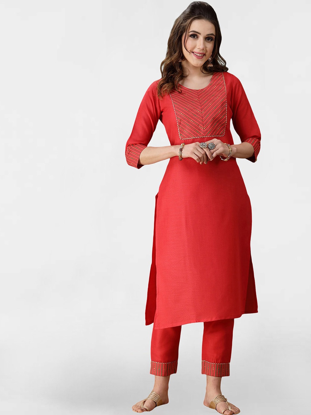 

KALINI Yoke Design Regular Gotta Patti Kurta with Trousers, Red