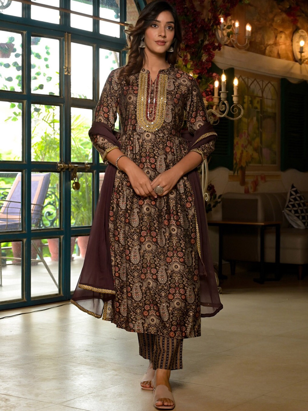 

aturabi Ethnic Motifs Printed Sequinned A-Line Kurta With Salwar & Dupatta, Brown