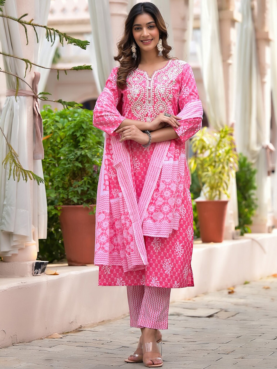 

aturabi Ethnic Motifs Printed Thread Work Pure Cotton Kurta With Trousers & Dupatta, Pink