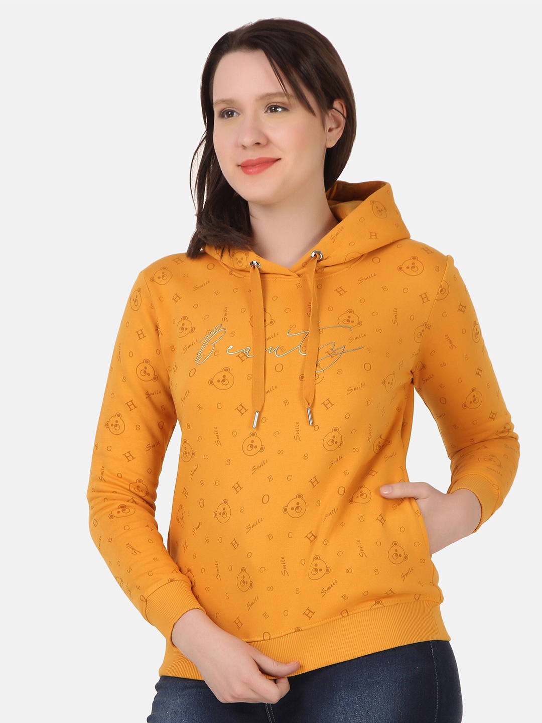 

FLOSBERRY Conversational Printed Hooded Cotton Pullover, Mustard