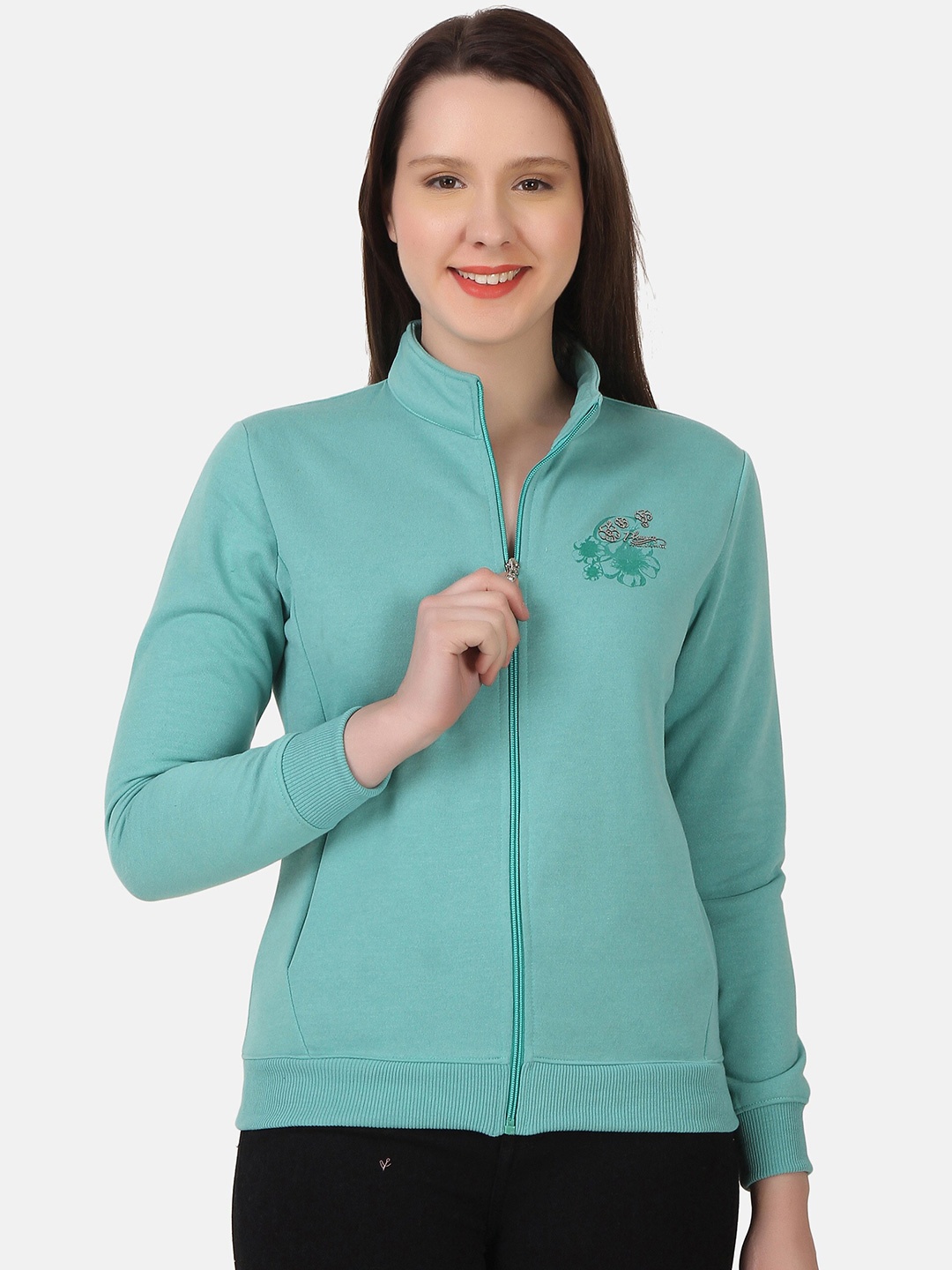 

FLOSBERRY Mock Collar Front Open Cotton Sweatshirt, Sea green