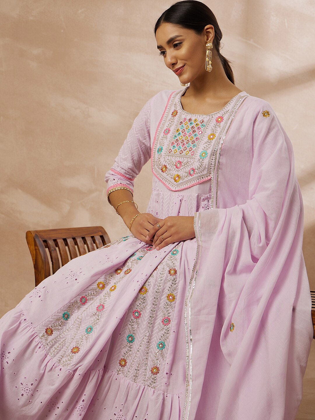 

Sangria Floral Embroidered Pure Cotton Kurta & Trousers With Dupatta, Purple