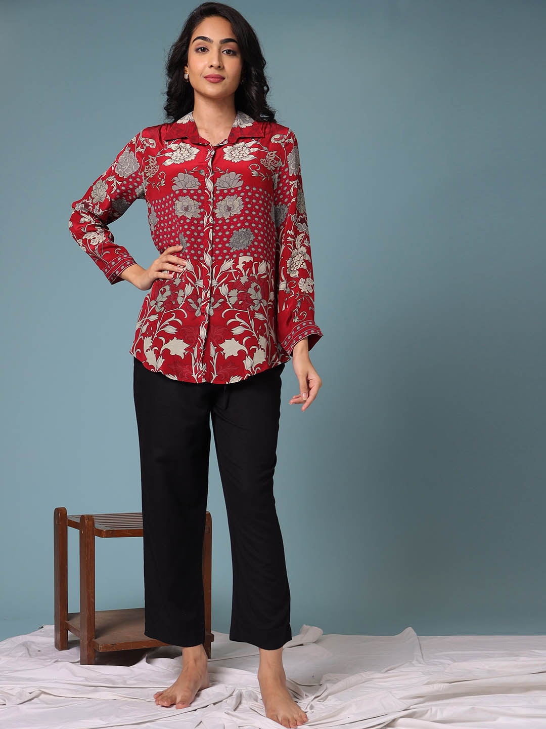 

ZARI Floral Printed Shirt Collar Shirt Style Top, Maroon