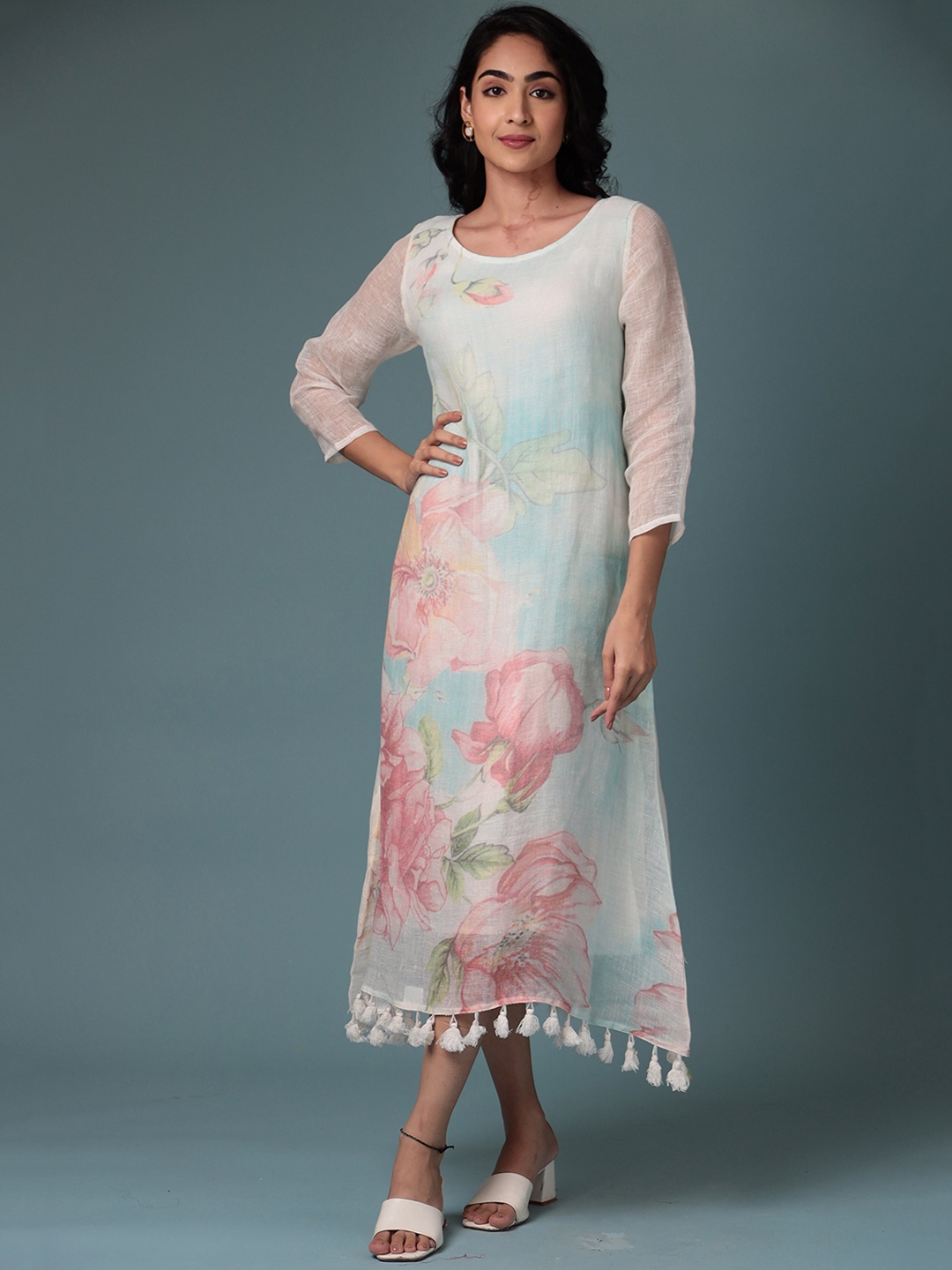 

ZARI Floral Printed A-Line Midi Dress, Blue