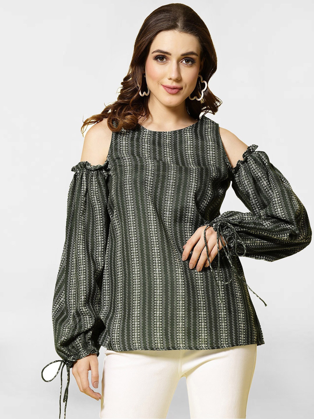 

Selvia Geometric Printed Cold-Shoulder A-line Top, Green