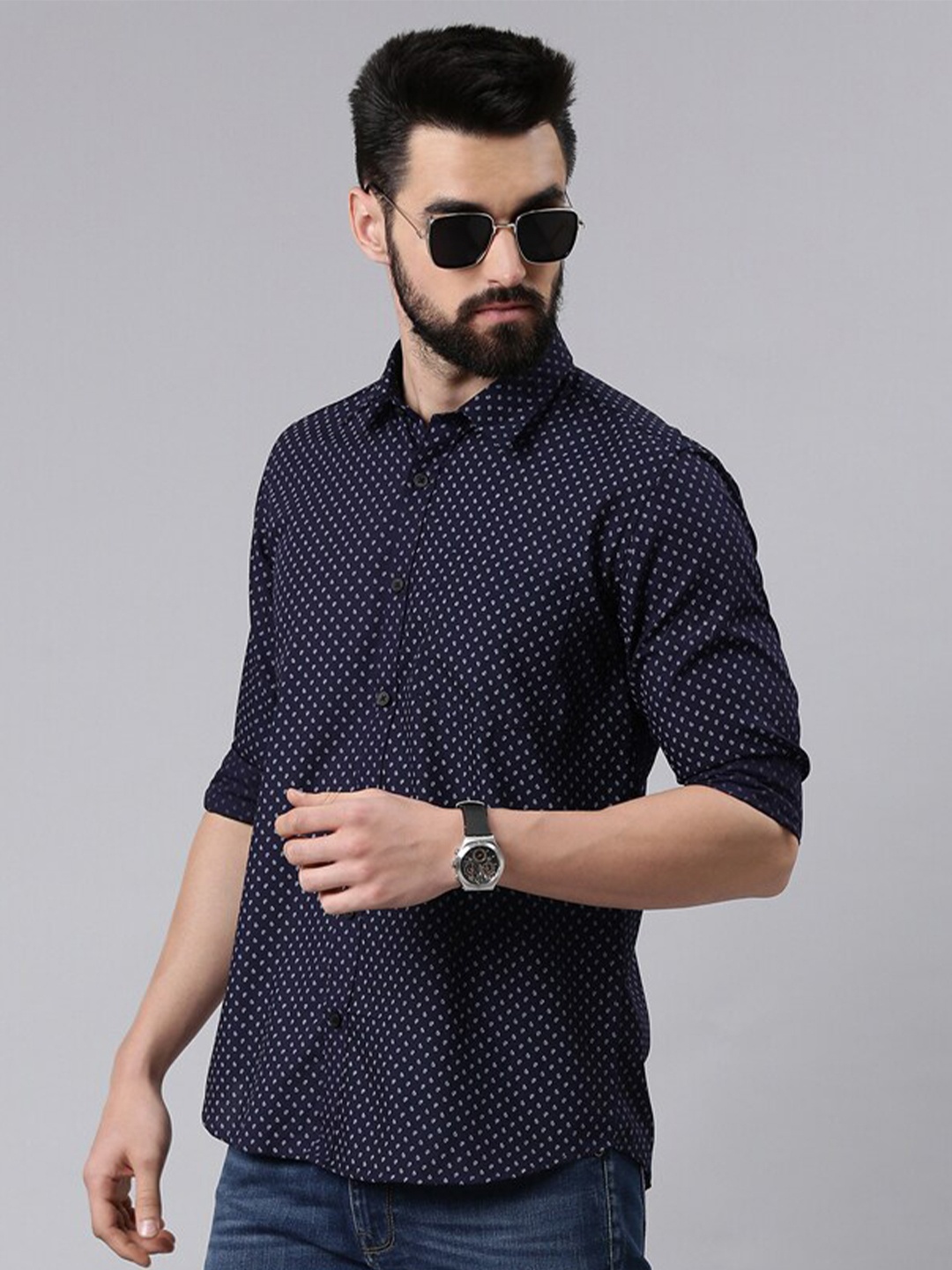 

THE SOUL PATROL Micro Ditsy Printed Cotton Casual Shirt, Navy blue