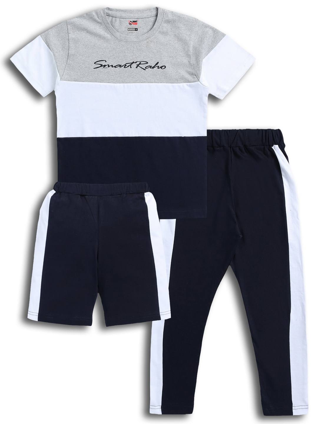 

SmartRAHO Boys Colourblocked Pure Cotton T-shirt with Trousers & Shorts, Navy blue