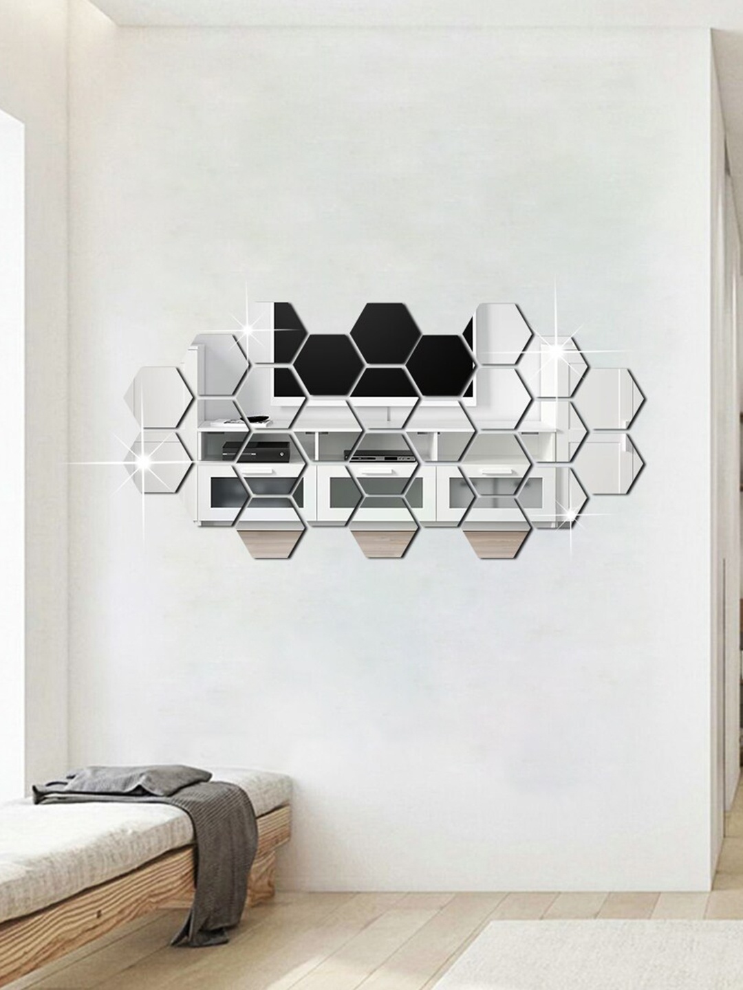 

WallDaddy White 28 Pieces Hexagon Mirror Stickers, Silver