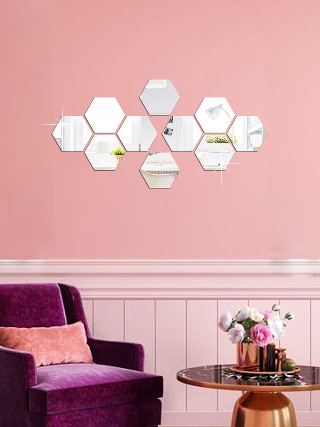 

WallDaddy Silver Toned 10 Pieces Hexagon Mirror Stickers