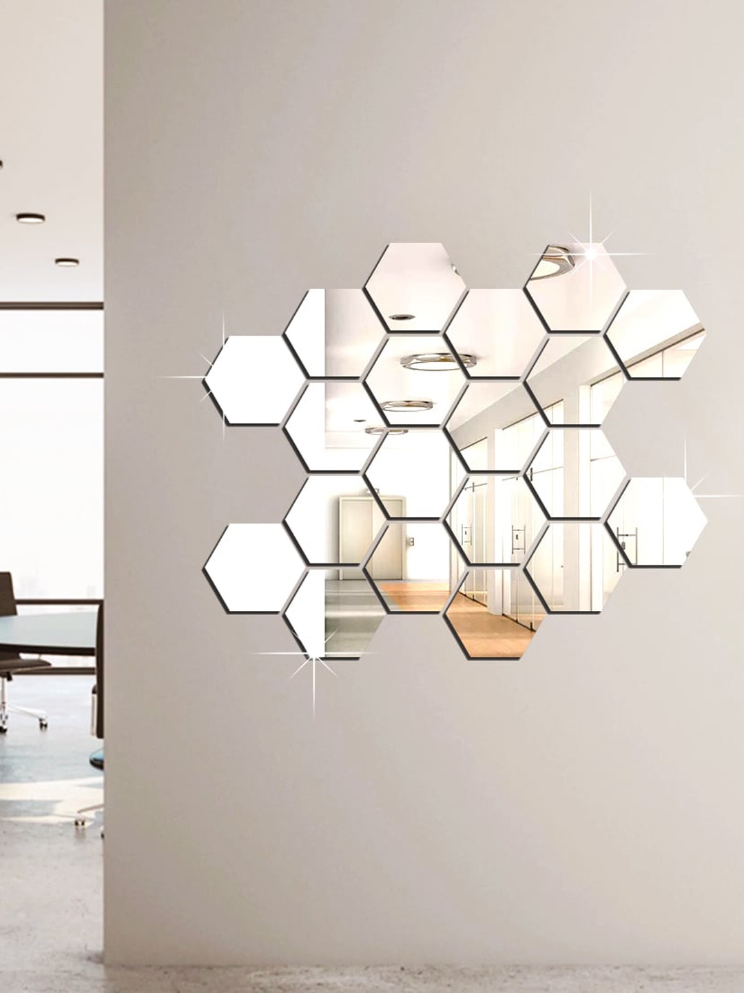 

WallDaddy Silver Pieces 20 Pieces Hexagon Printed Mirror Stickers