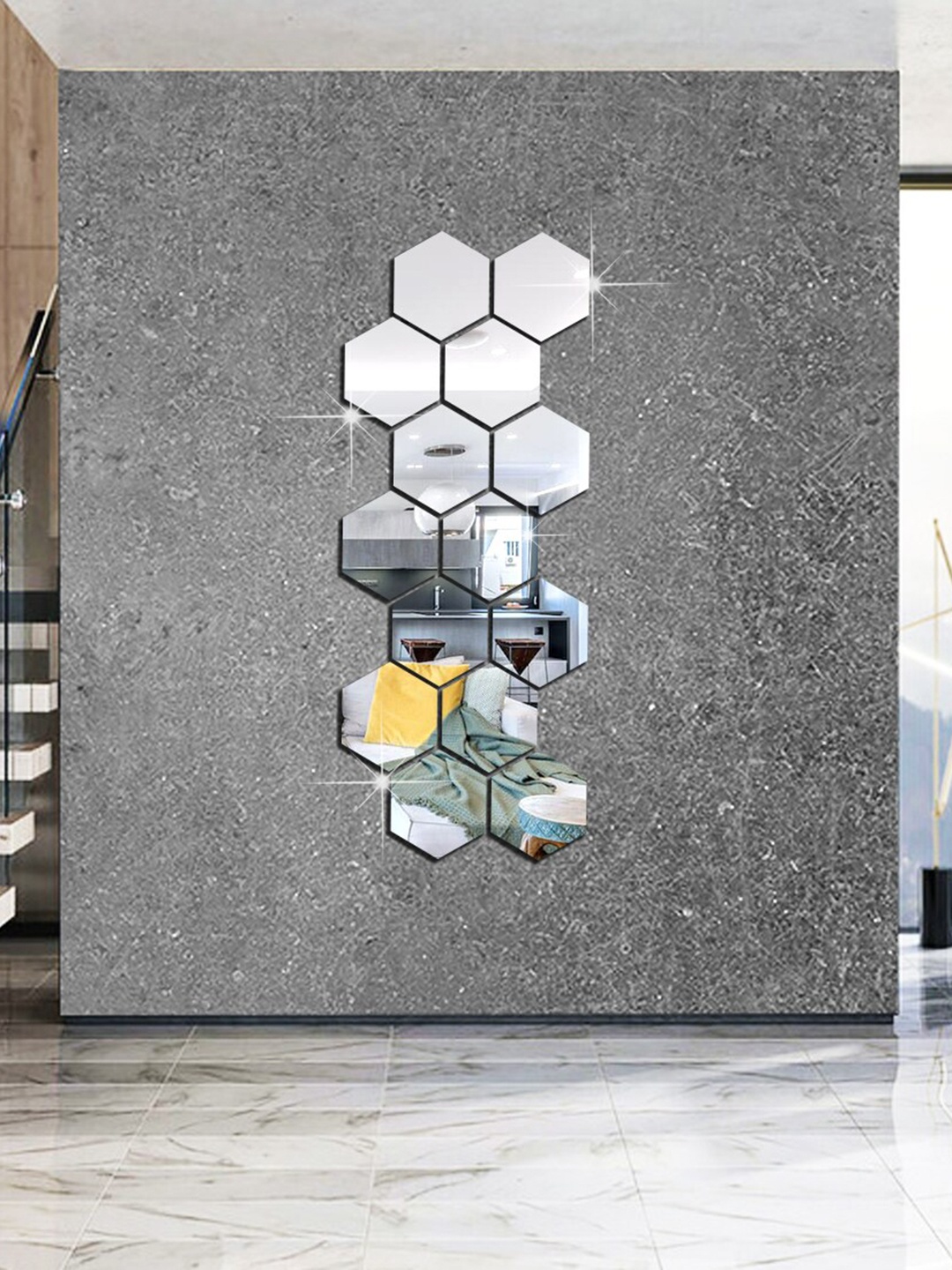 

WallDaddy Silver Toned 14 Pieces Hexagon Design Mirror Wall Stickers