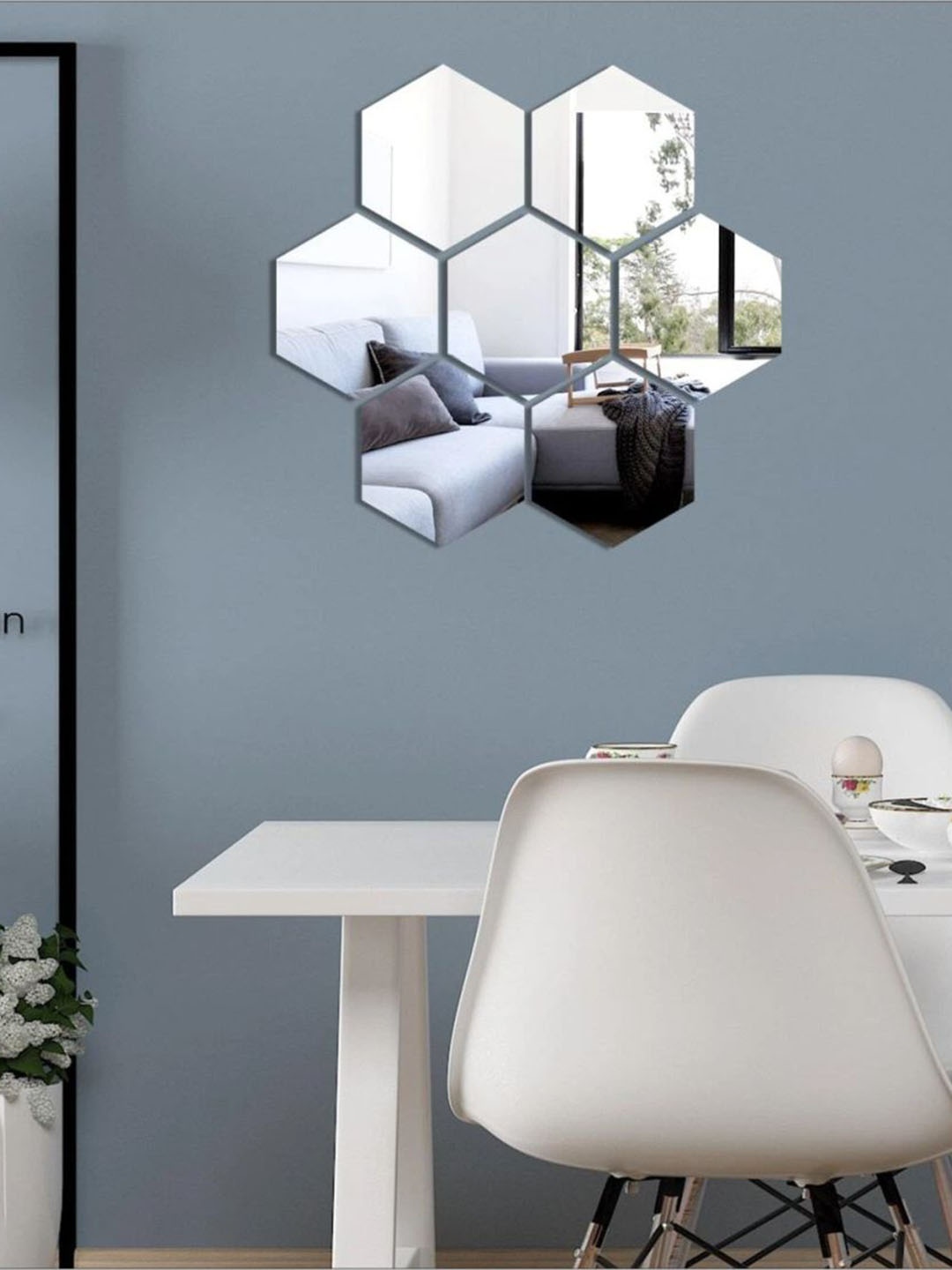 

WallDaddy 7 Pcs White Hexagon Mirror Wall Stickers, Silver