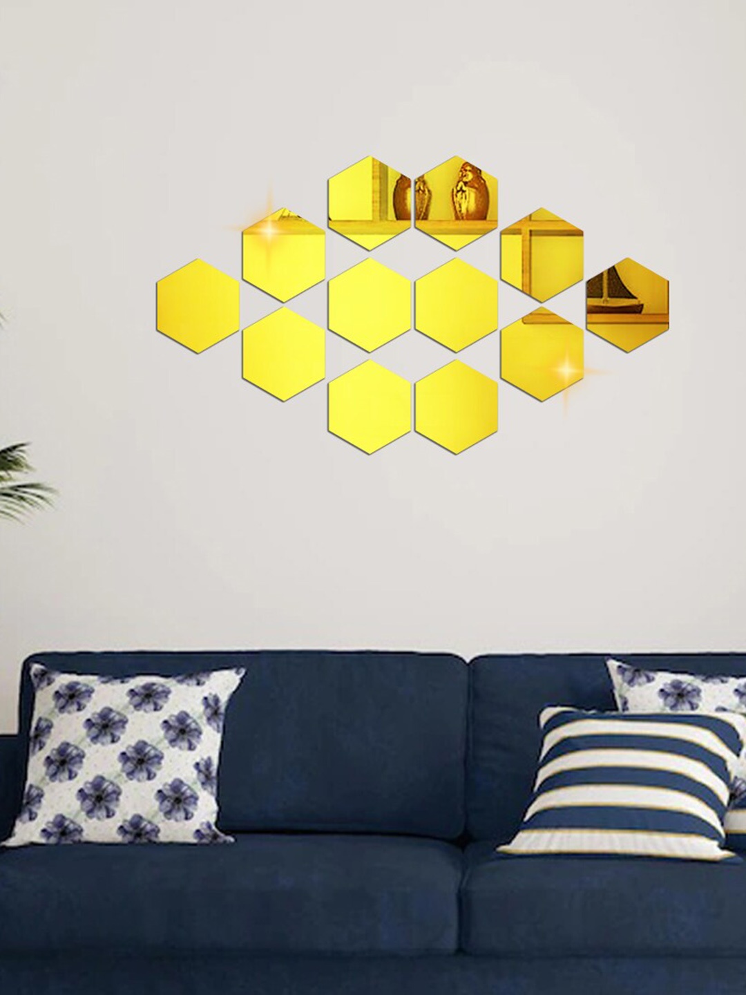 

WallDaddy Yellow 12 Pieces Hexagon Mirror Wall Stickers, Gold