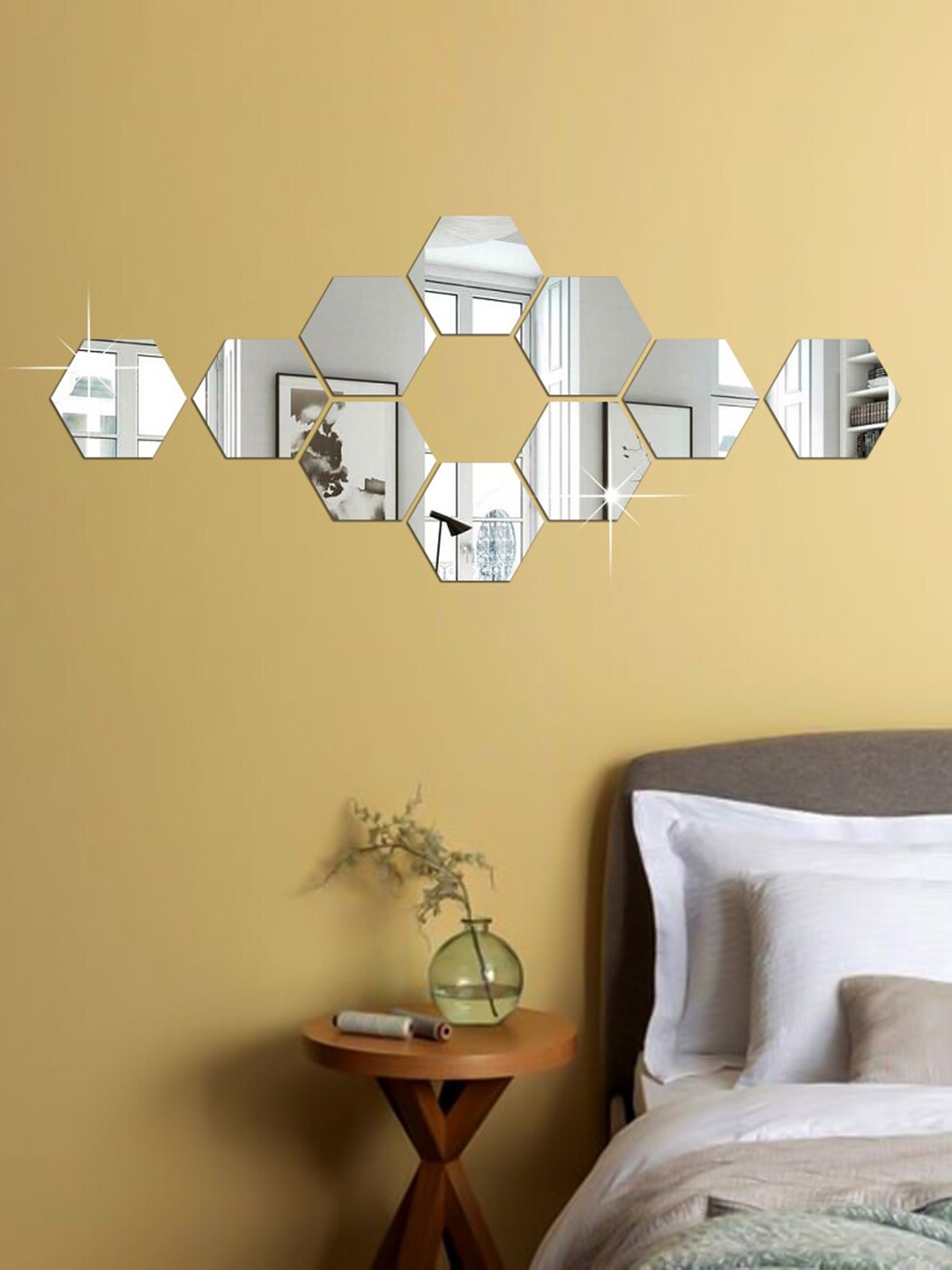 

WallDaddy White 10 Pieces Hexagon Design Mirror Wall Stickers, Silver