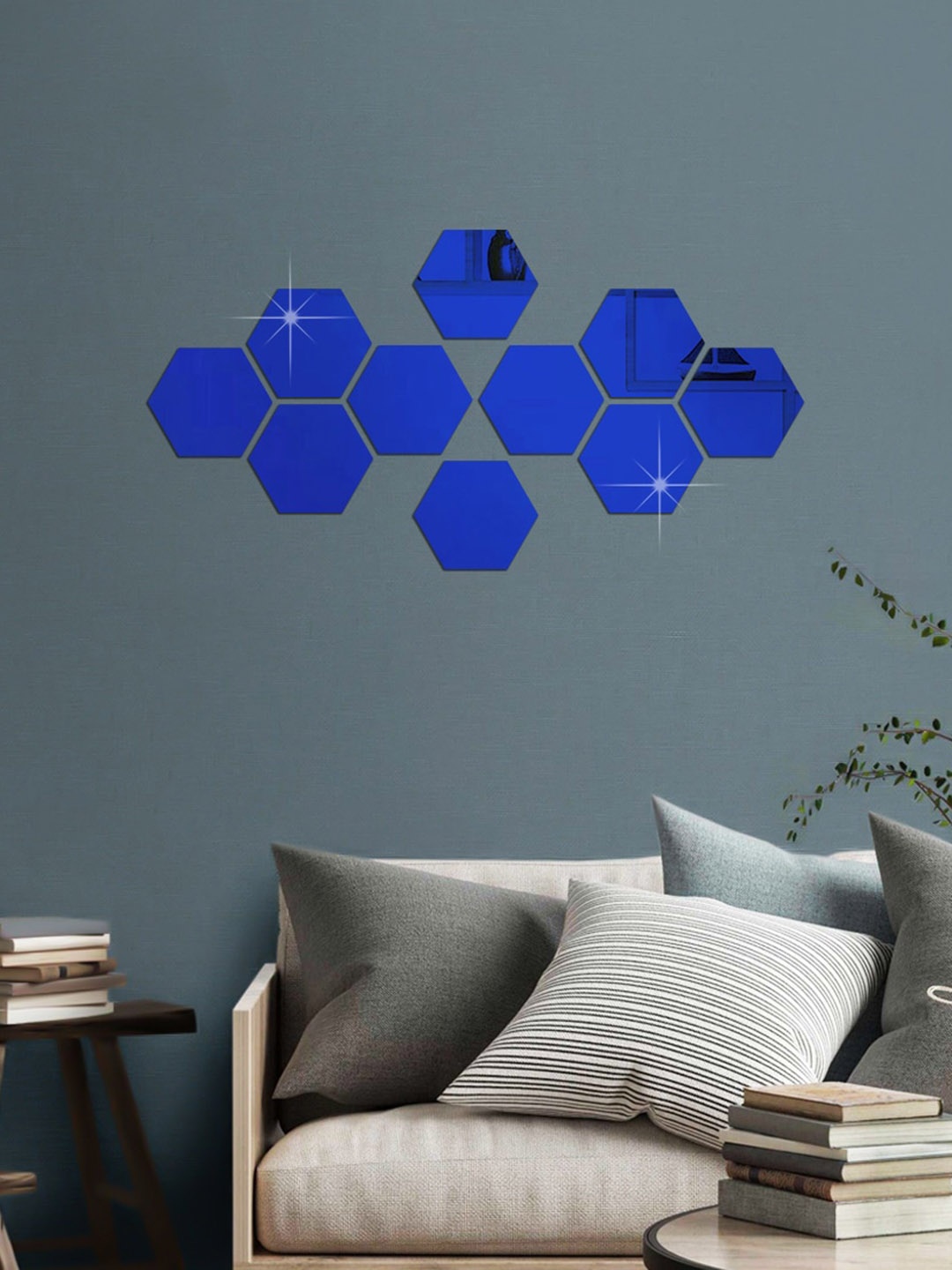 

WallDaddy 10 Pcs Blue Hexagon Mirror Wall Stickers