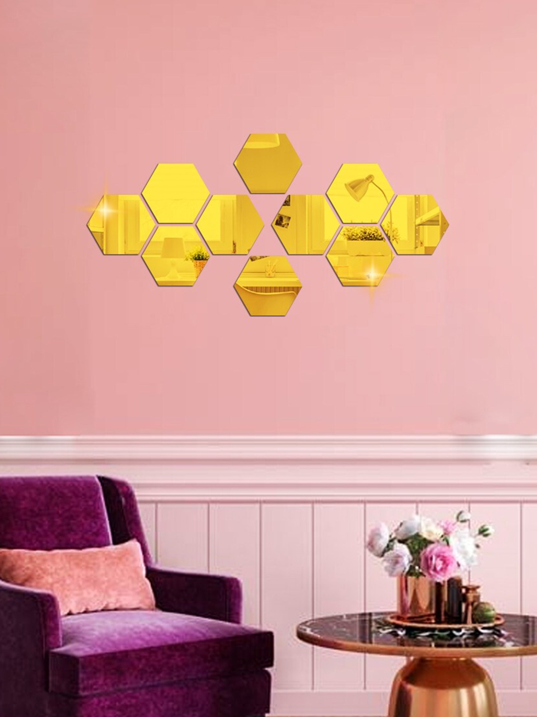 

WallDaddy Gold-Toned 10-Pieces Hexagon Printed Mirror Stickers