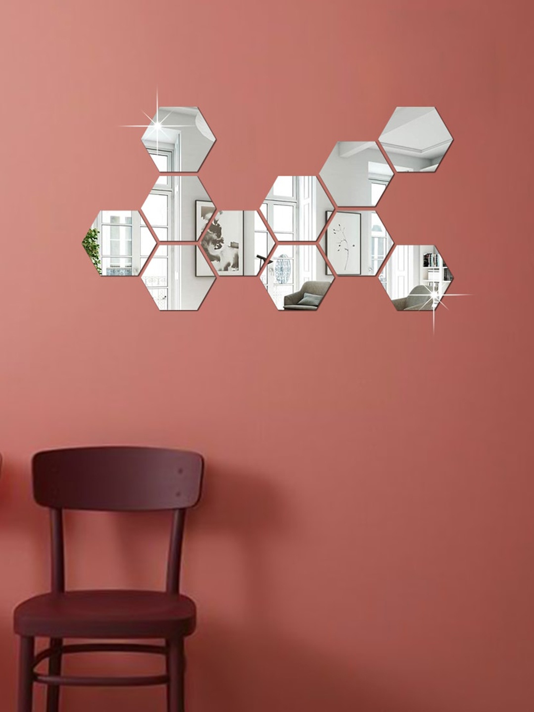 

WallDaddy 11 Pcs Silver-Toned Hexagon Mirror Wall Stickers