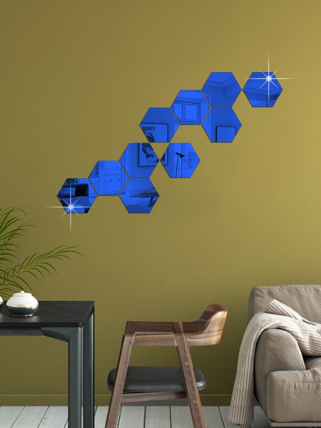 

WallDaddy Blue 10 Pieces Hexagon Printed Mirror Wall Stickers
