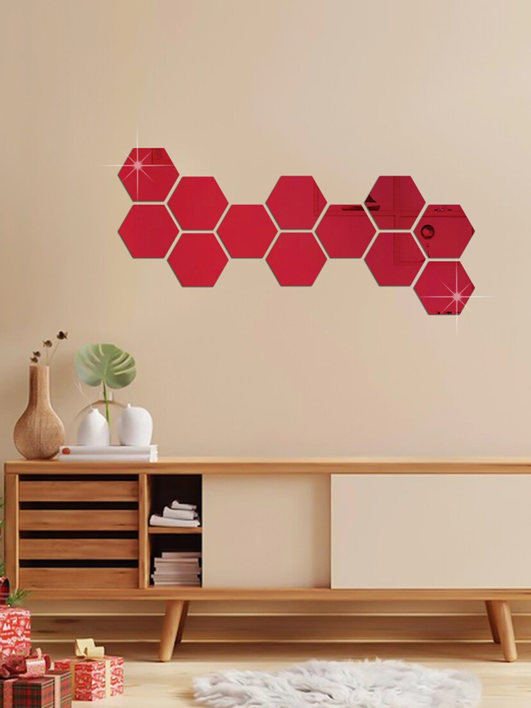 

WallDaddy Red 12 Pieces Hexagon Design Mirror Wall Stickers