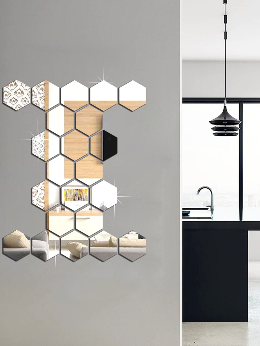 

WallDaddy Silver-Toned 22-Pieces Hexagon Printed Mirror Stickers