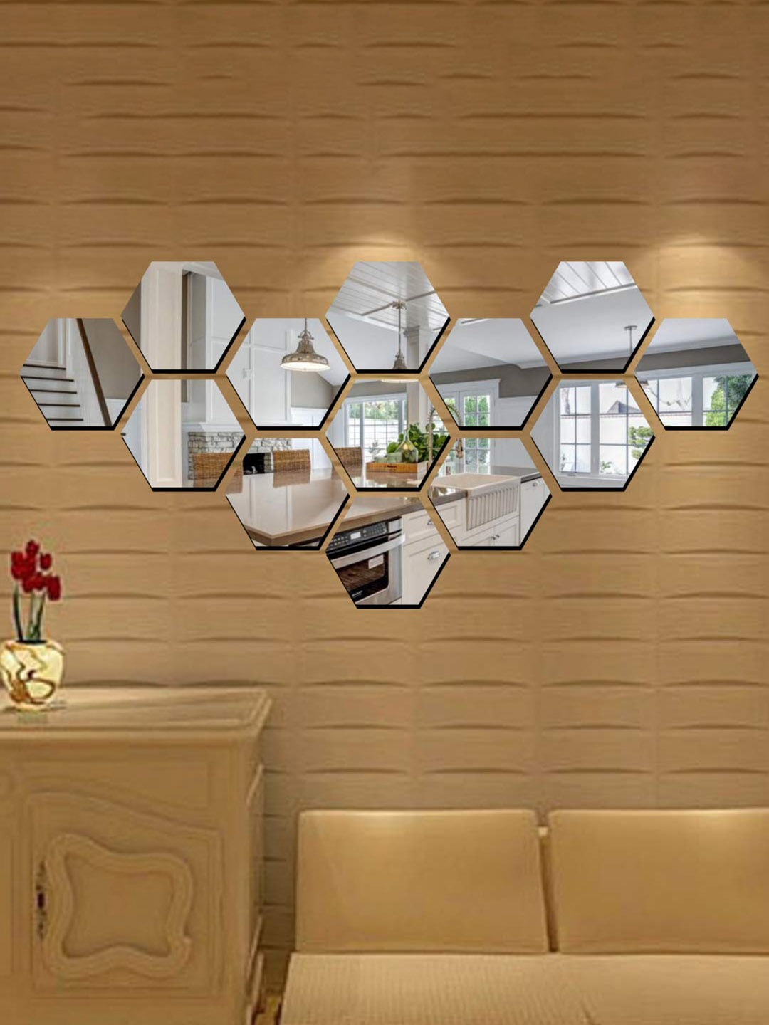 

WallDaddy 13 Pieces Hexagon Mirror Stickers For Wall, Silver