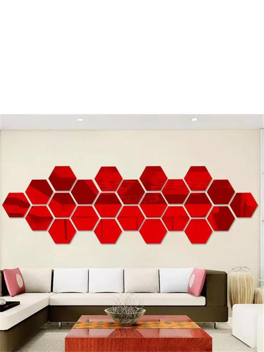 

WallDaddy 24 Pcs Red Hexagon Mirror Wall Stickers