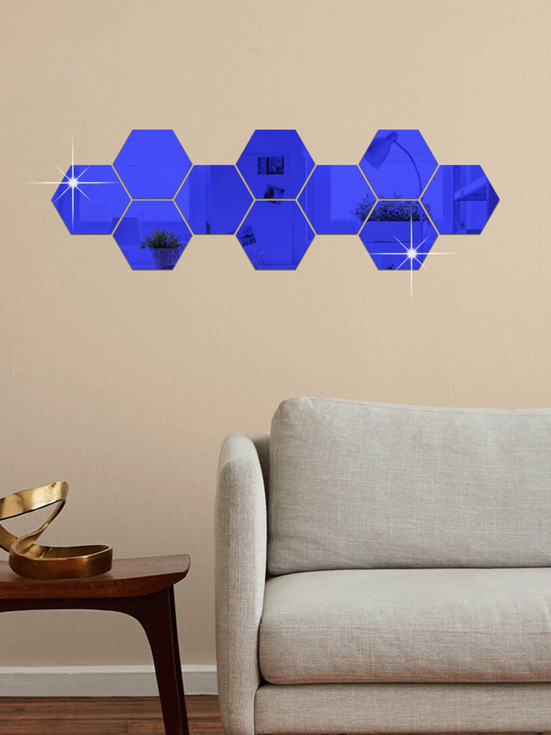 

WallDaddy 10 Pieces Hexagon Printed Mirror Stickers Wall Paper, Blue