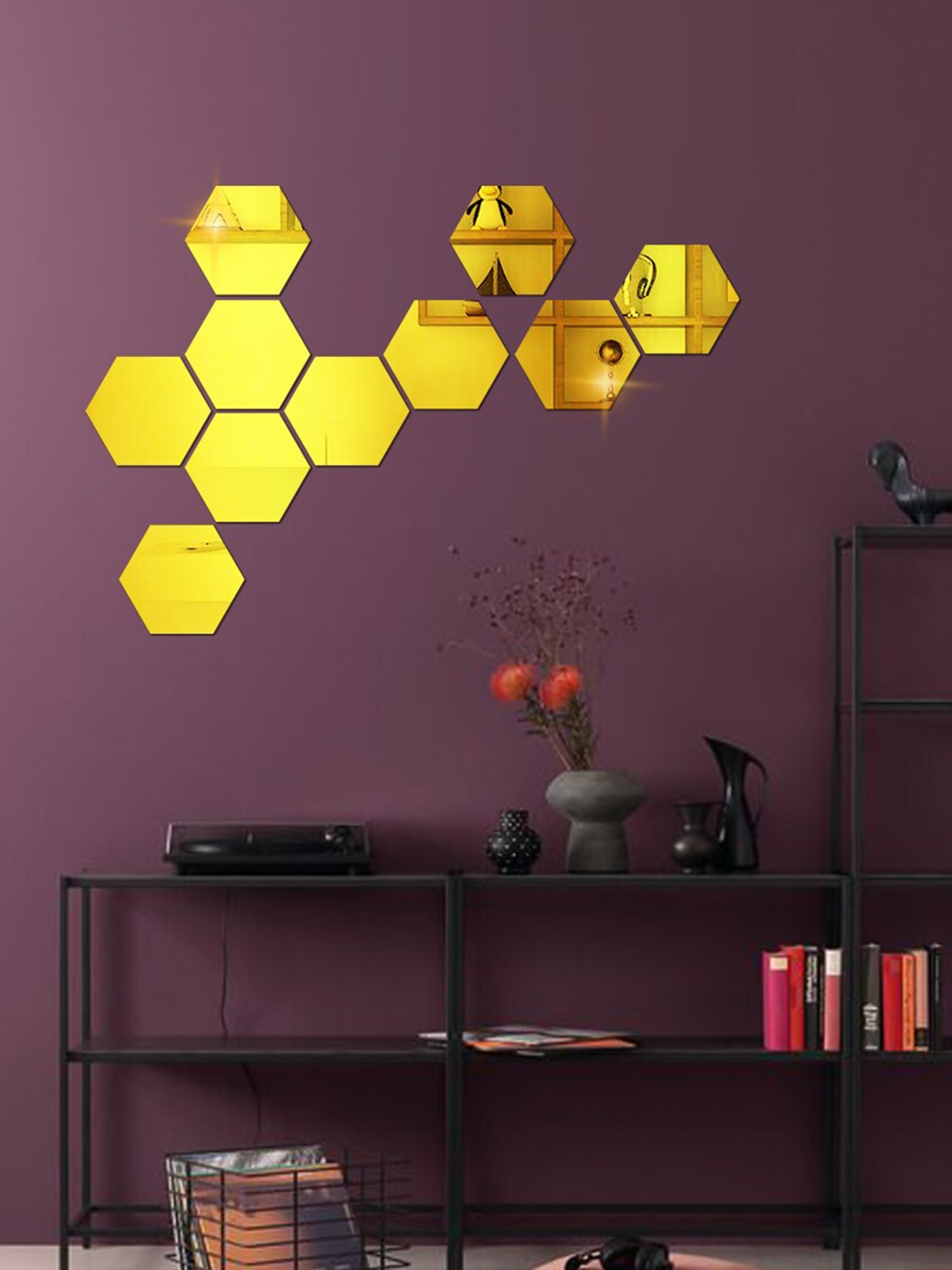 

WallDaddy 10 Pieces Hexagon Mirror Stickers For Wall, Gold