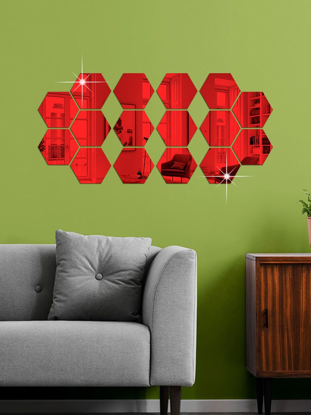 

WallDaddy Red 16 Pieces Hexagon Design Mirror Stickers Wall Paper