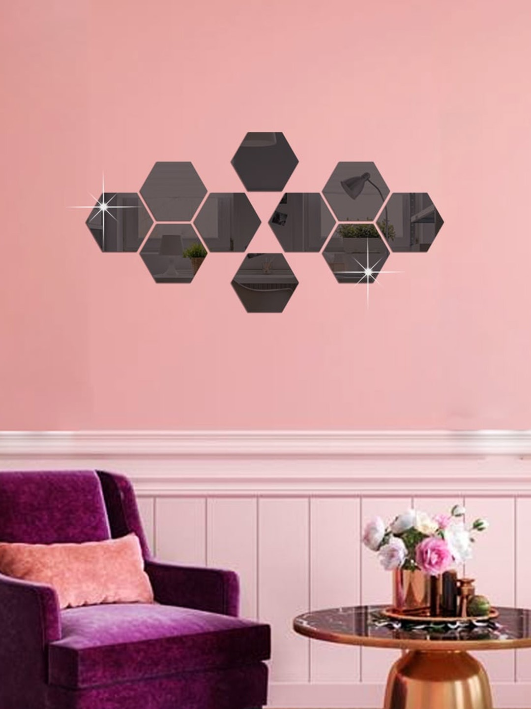 

WallDaddy Black 10 Pieces Hexagon Design Mirror Wall Stickers