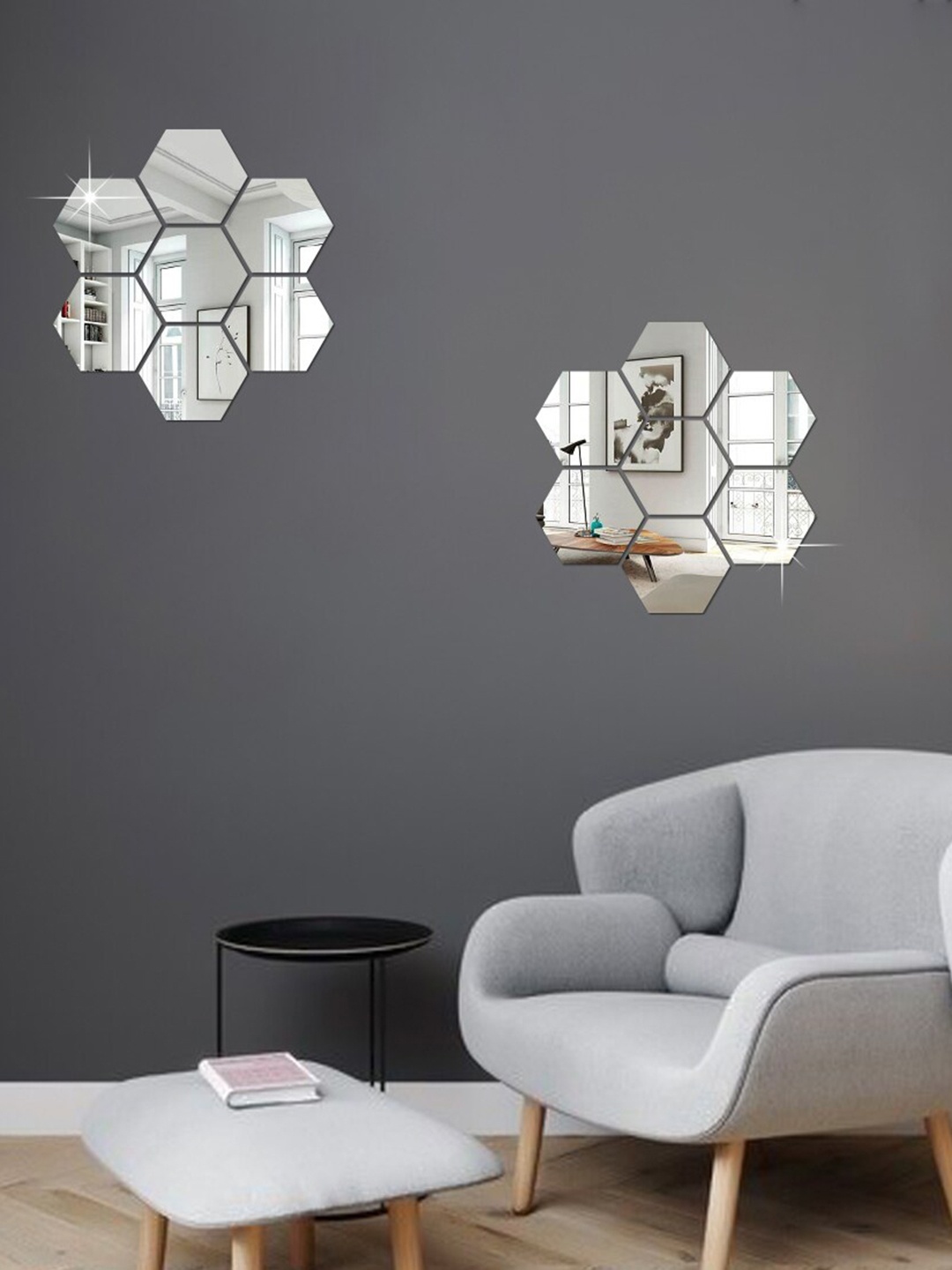 

WallDaddy 14 Pcs Silver-Toned Hexagon Mirror Wall Stickers