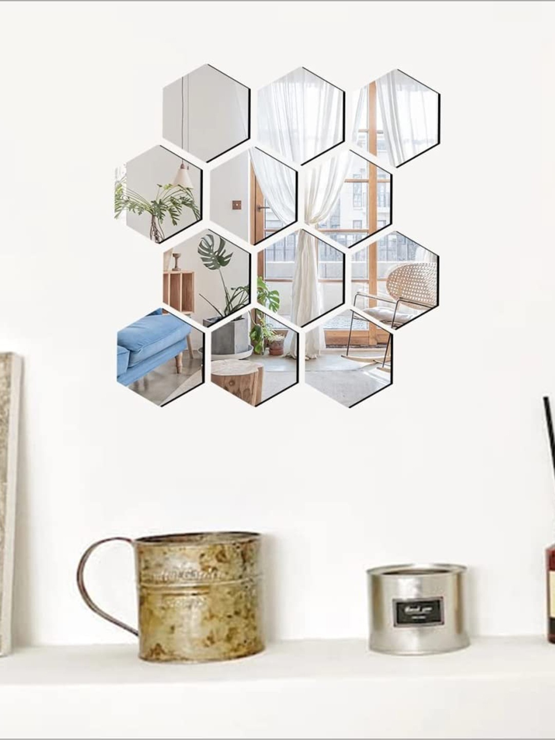 

WallDaddy 12 Pcs Silver-Toned Hexagon Printed Mirror Wall Stickers